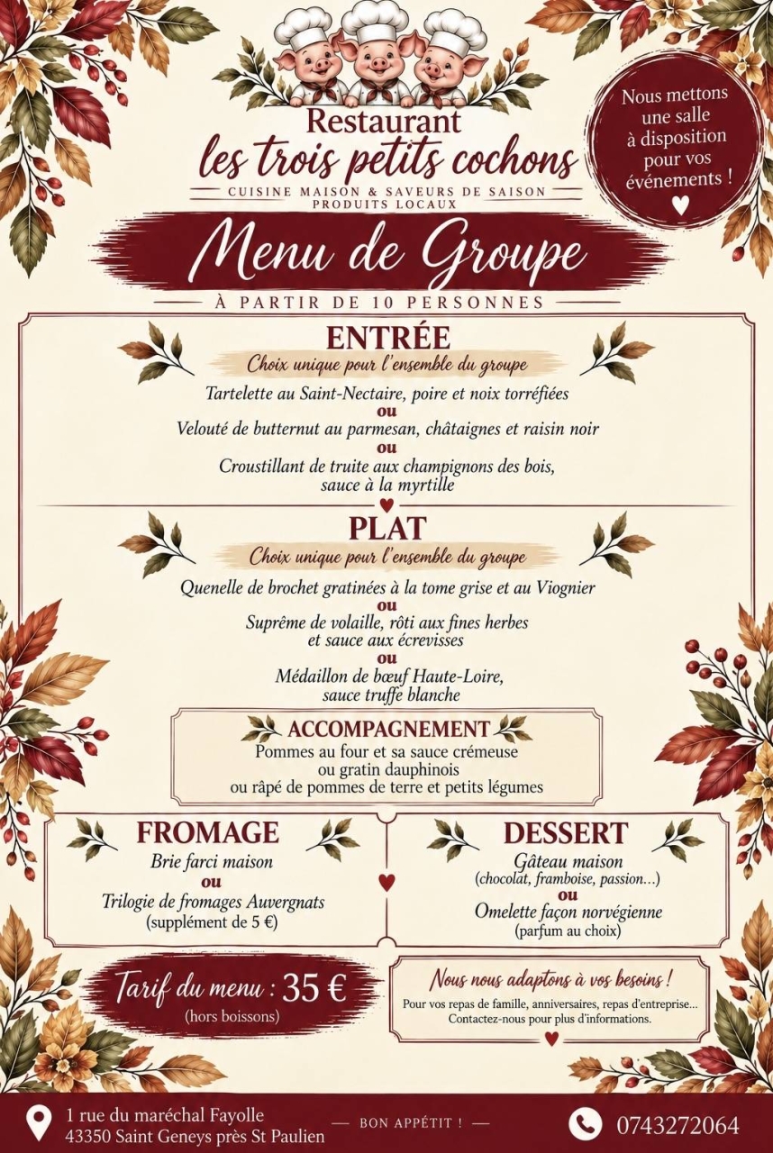 Repas de groupe - L'Auberge Des Trois Petits Cochons - restaurant SAINT-GENEYS-PRES-SAINT-PAULIEN - Restaurant Saint Paulien - Restaurant St Paulien - Restaurant Lavoute sur Loire