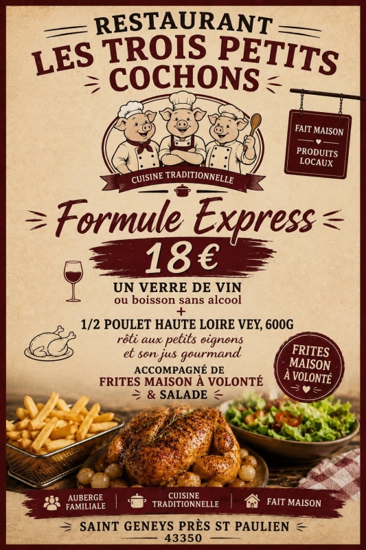 La carte - L'Auberge Des Trois Petits Cochons - restaurant SAINT-GENEYS-PRES-SAINT-PAULIEN - les meilleurs restaurant de SAINT-GENEYS-PRES-SAINT-PAULIEN